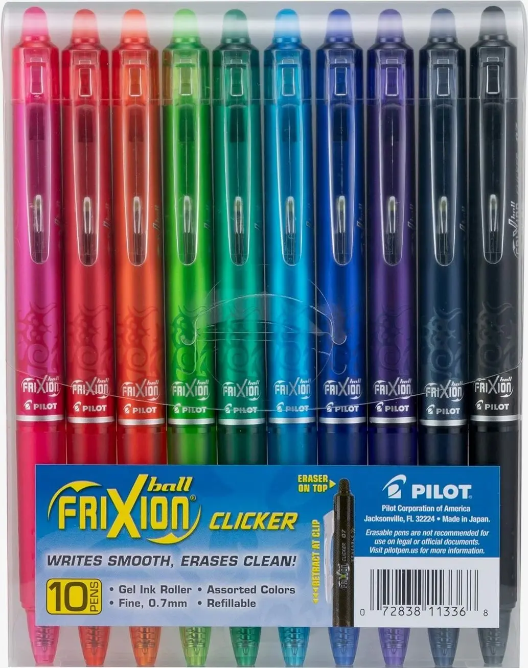PILOT FriXion Clicker Erasable, Assorted Color Inks, 10-Pack Pouch