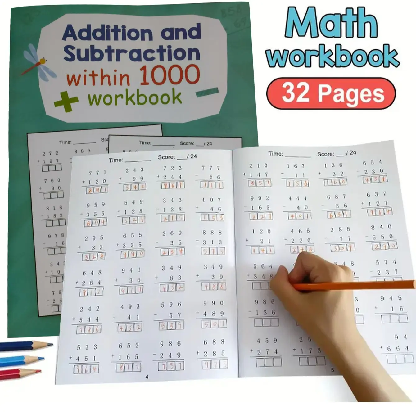 Math Practice Book, Addition & Subtraction Up to 1000, 32-Page Color-Coded Workbook, Learning Materials, Time Tracking Grids, Answer Explanations, School Supplies