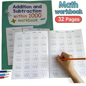 Math Practice Book, Addition & Subtraction Up to 1000, 32-Page Color-Coded Workbook, Learning Materials, Time Tracking Grids, Answer Explanations