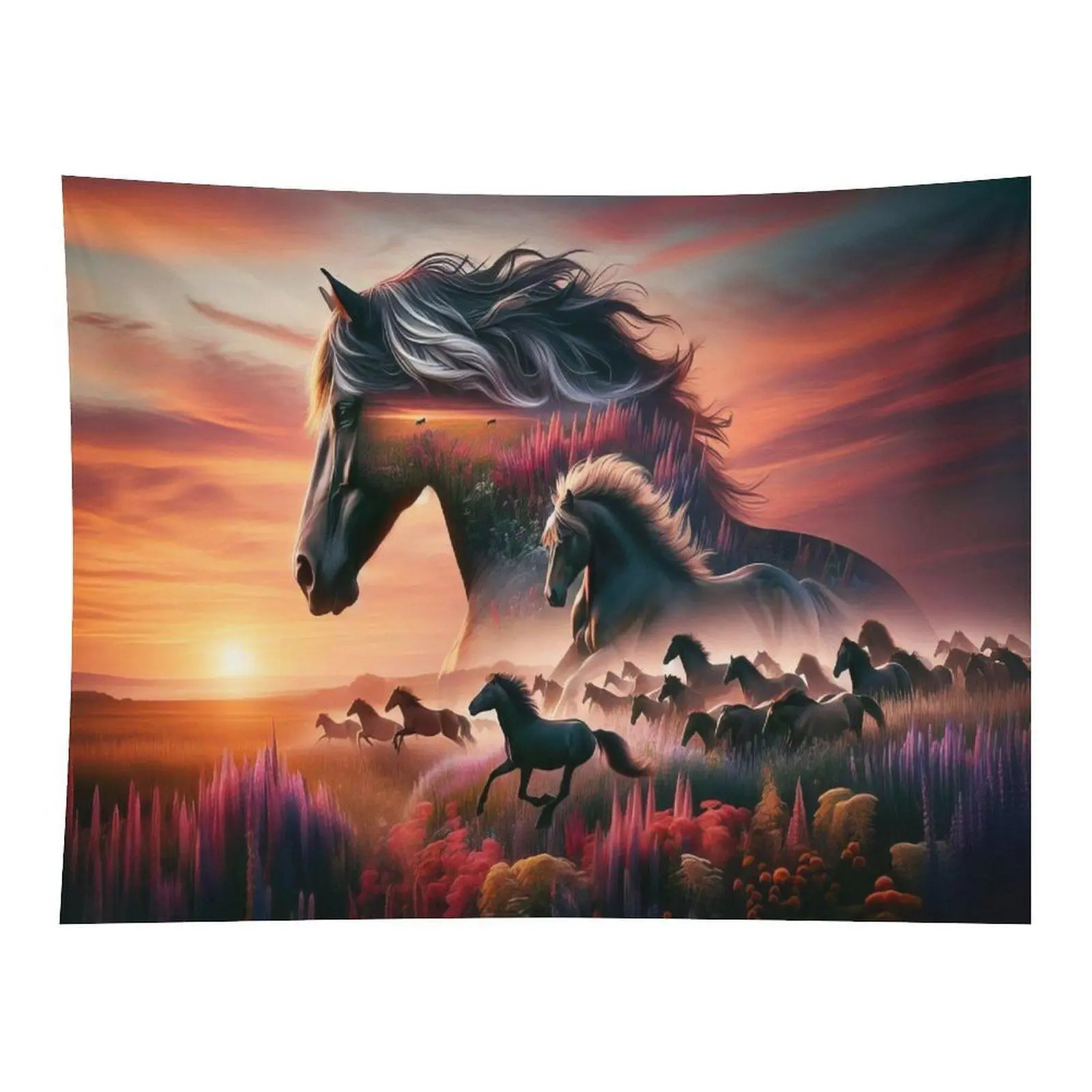 Double Exposure Wild Horses Herd Running In Sunset Pink Purple Wildflower Meadow Dreamy Western Nature Landscape Wall Tapestry For Farmhouse Bedroom Decor