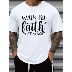 Men'S Faith Walk Tee God Graphic T-Shirt - 180gsm Heavyweight 100% White Christian Faith Shirt with "Walk By Faith Not By Sight" Print, Round Neck Short Sleeve Casual Church Wear, Machine Washable Inspirational Gift for Men