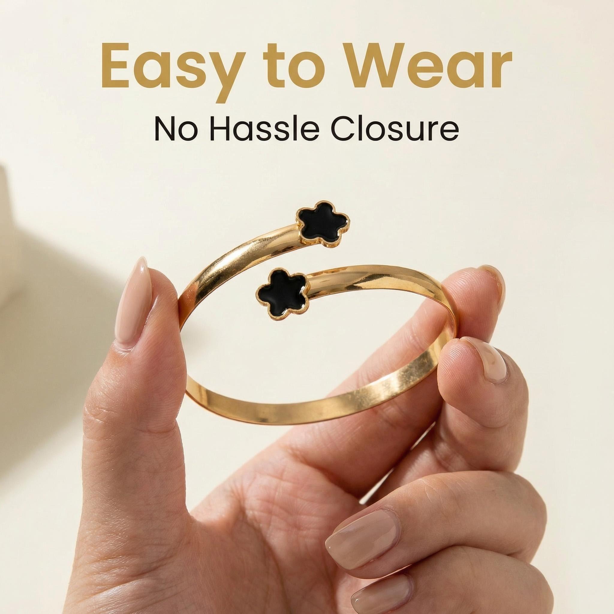 Elegant Five-Leaf Clover Dangle Charm Open Bracelet for Women, Glossy Metal Texture with Bright Luster, White & Black Pendant Options, Ideal Accessory for Commute, Party and Shopping BraceletMetal Cuff Bracelet