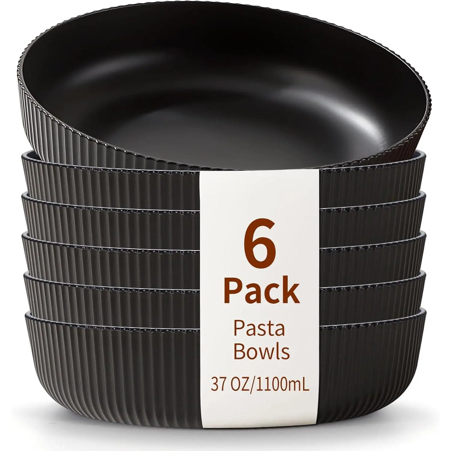 Pasta Bowls Set of 6, 37oz Salad Bowls Black Soup Bowls, Large Pasta Serving Bowls, Unbreakable Plastic Dinner Bowls, Dinnerware Sets,Valentines Day , Dishwasher Safe (Black)