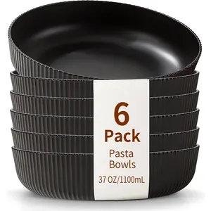 Pasta Bowls Set of 6, 37oz Salad Bowls Black Soup Bowls, Large Pasta Serving Bowls, Unbreakable Plastic Dinner Bowls, Dinnerware Sets,Valentines Day , Dishwasher Safe (Black)