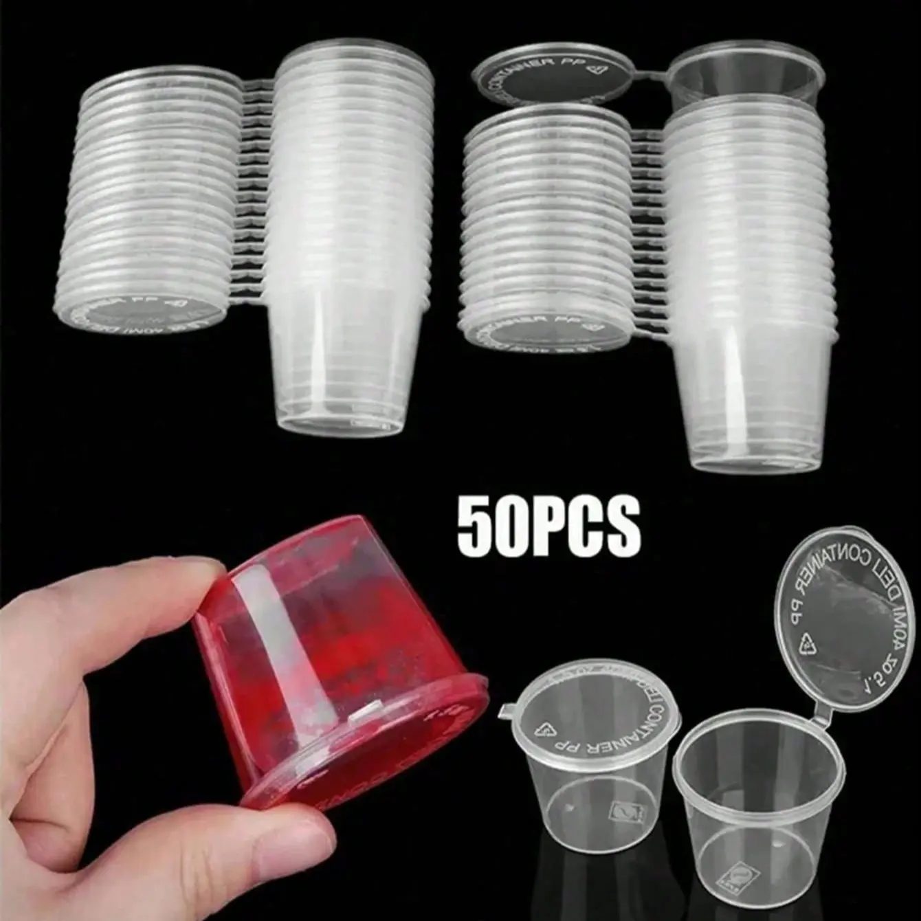 50-Pack Sauce Cups, Commercial Transparent Food Dipping Containers, Portable Sealed Plastic Cups with Lids, Integrated Takeout Packaging Box, Plastic Clear Cups, Plastic Dessert Cups, Disposable Products