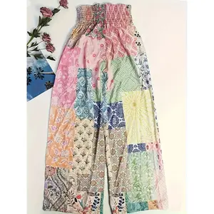 Fashionable Women'S Patchwork Printed Random Flower Waistband And Wide Leg Pants With A Drawstring Casual Style