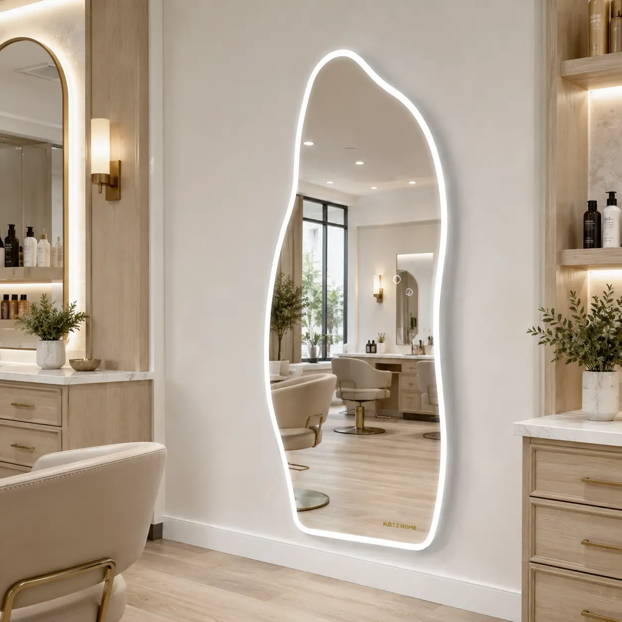 65" x 25" Irregular LED Full Length Wall Mirror, Organic Asymmetrical Tempered Glass Full Body Dressing Mirror with 3 Color Dimmable Lighting, Touch Control Lighted Mirror for Bedroom, Closet and Entryway