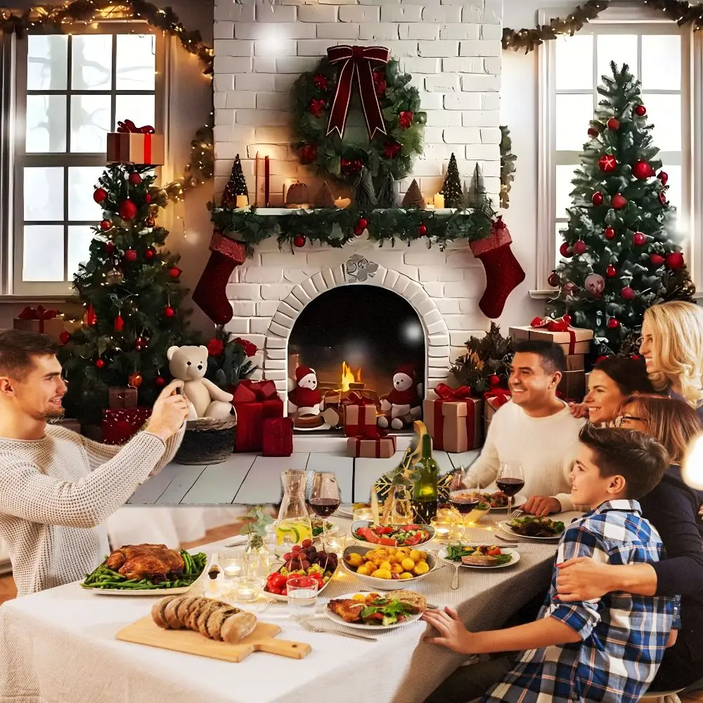 1pc cozy festive Christmas fireplace scene decoration, white brick fireplace with lit fire, green garland and red bow, garland, stockings, decorative tree and gifts, white wooden floor and white snow outdoor, indoor holiday home decoration, Wreath Pattern
