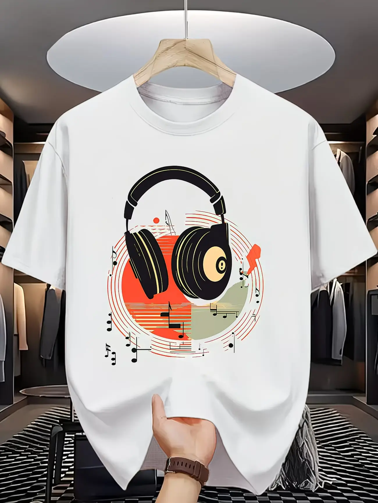 Crew Neck Graphic T-Shirt, Retro Headphone Vinyl Music Note Chest Tee, Minimal DJ Record Abstract Short Sleeve, Soft Cotton Loose Fit Top, Unisex Music Lover Casual Streetwear Outfit for Men