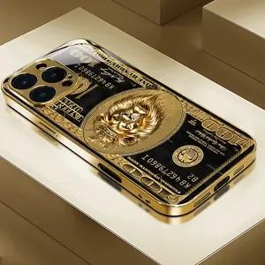 Middle East Golden Lion Trendy Creative Style, Fashionable INS Design, Trendy Lightweight, Suitable for iPhone 16, Pro Max, 15 Pro, 14 Plus, 13, 12, 11 New Electroplated Gold Phone Case, Premium Protective Case