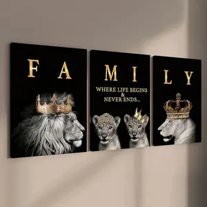 3-Piece Wood Frame Canvas Artwork Poster Set, Gold Crown Lion Family Modern Wall Decor, Western Wall Art, High-Definition Waterproof Home Decoration