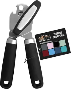 Heavy-Duty Stainless Steel Manual Can and Bottle Opener with Smooth Edge, Soft Grip Handle, Rust-Proof Oversized Knob for Easy Turning – Multifunctional Kitchen Tool, Black