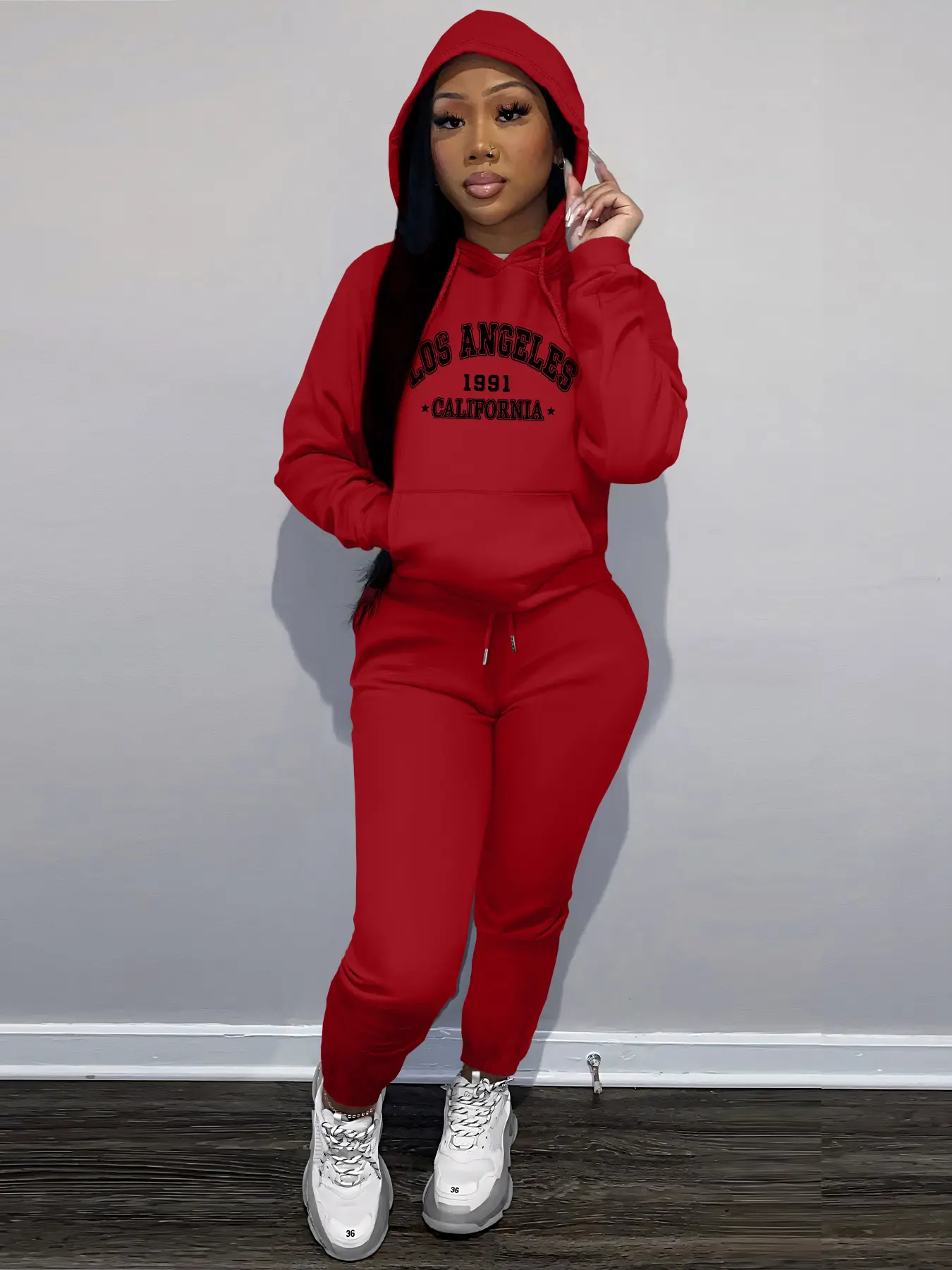 Women's Los Angeles Letter Print Casual Loose Sweatshirt Set, Round Neck Long Sleeve Pullover + Jogger Pants, Fall & Winter Fashion
