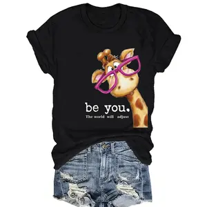 [Giraffe Print T-Shirt] Giraffe print t-shirt, short sleeve crew neck casual top for summer spring, Women's clothing