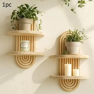 1pc Double-layer Bohemian Style Arched Wall Frame, Wooden Wall-mounted Decorative Shelf Display Rack Solid Wood Storage Rack Wooden Floating Frame for Living Room, Bedroom and Bathroom Decoration, Retro Display Frame for Plants, Vases, Candles