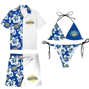 Matching Couple Swimwear Set, Twisted Tea Blue Hibiscus Bikini & Board Shorts, Perfect Gift for Him & Her