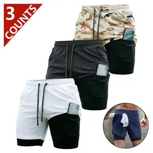 3pcs Men's 2-in-1 Double Layer Shorts With Inner Pocket, High Stretch Sports Shorts For Summer Gym Workout Training SpringStatements Plain