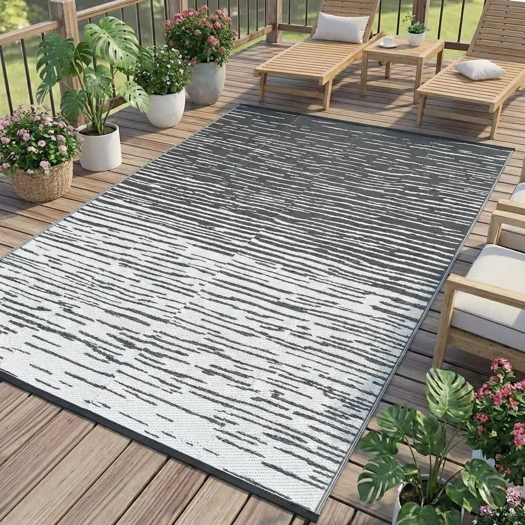 5x8 Polypropylene Tightly Woven Waterproof Reversible Outdoor Patio Rug - Gray White, Modern, Neutral, Plastic Straw, Lightweight, Foldable, Portable Bag Included, for RV, Deck, Camping