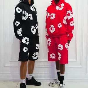 Quick-Dry High Waist Shorts & 3D Puff Print Flower Hoodie, Y2K Streetwear with Wide Leg Joggers Set, Unisex Sports Cotton Tracksuit, Stretchy Hip-Hop Trendy Floral Wide-Leg Shorts & Casual Gym Fashion Tee