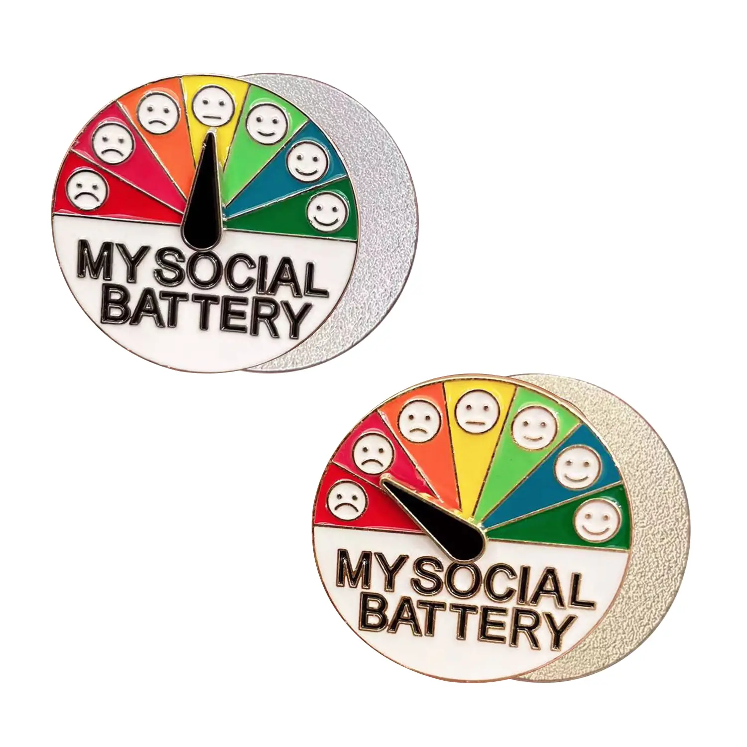 2 Pcs My Social Battery Enamel Pin, 1.57 Inch Round Funny Mood Gauge Lapel Badge, Gold/Silver Tone Options for Jackets, Backpacks & Hats, Cute Introvert Gift for Friends Coworkers