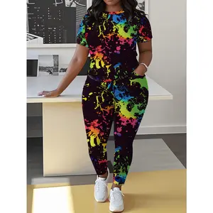 Plus Size - Contrast Color Plus Size Women'S Short-sleeved Trousers Leisure Two-piece Set With Pockets