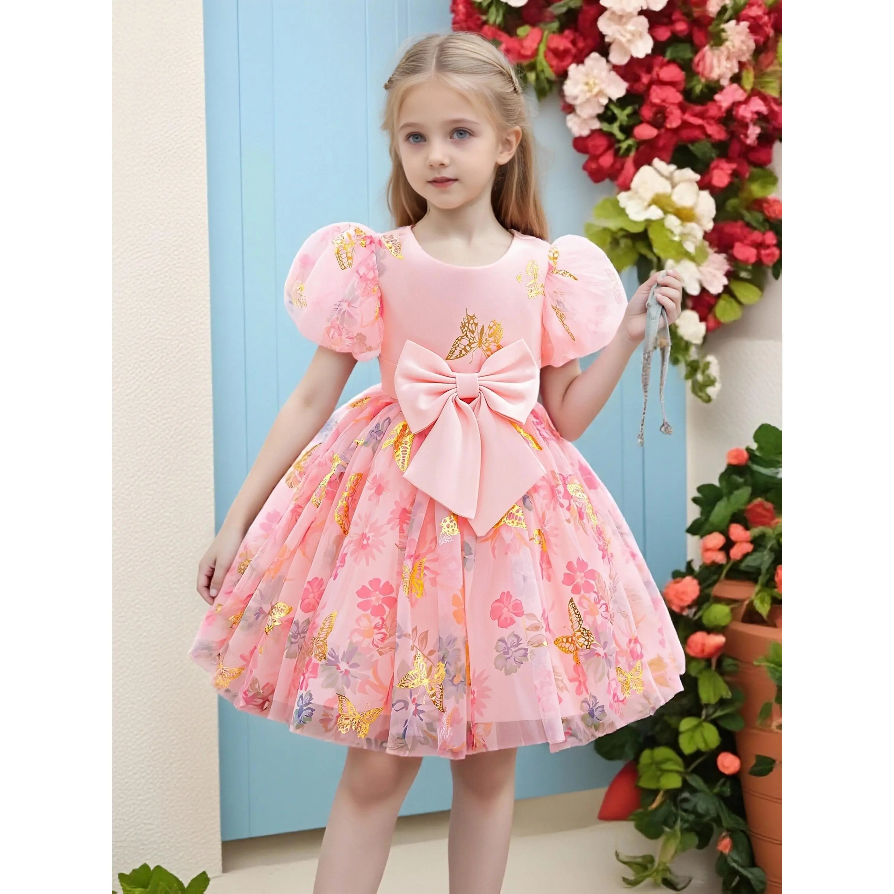 Girls' Soft Cotton Butterfly Print Short-Sleeve Princess Dress, Breathable Formal Gown Suitable for Parties & Stages, Ages 1-6Y, 1-2Y Option