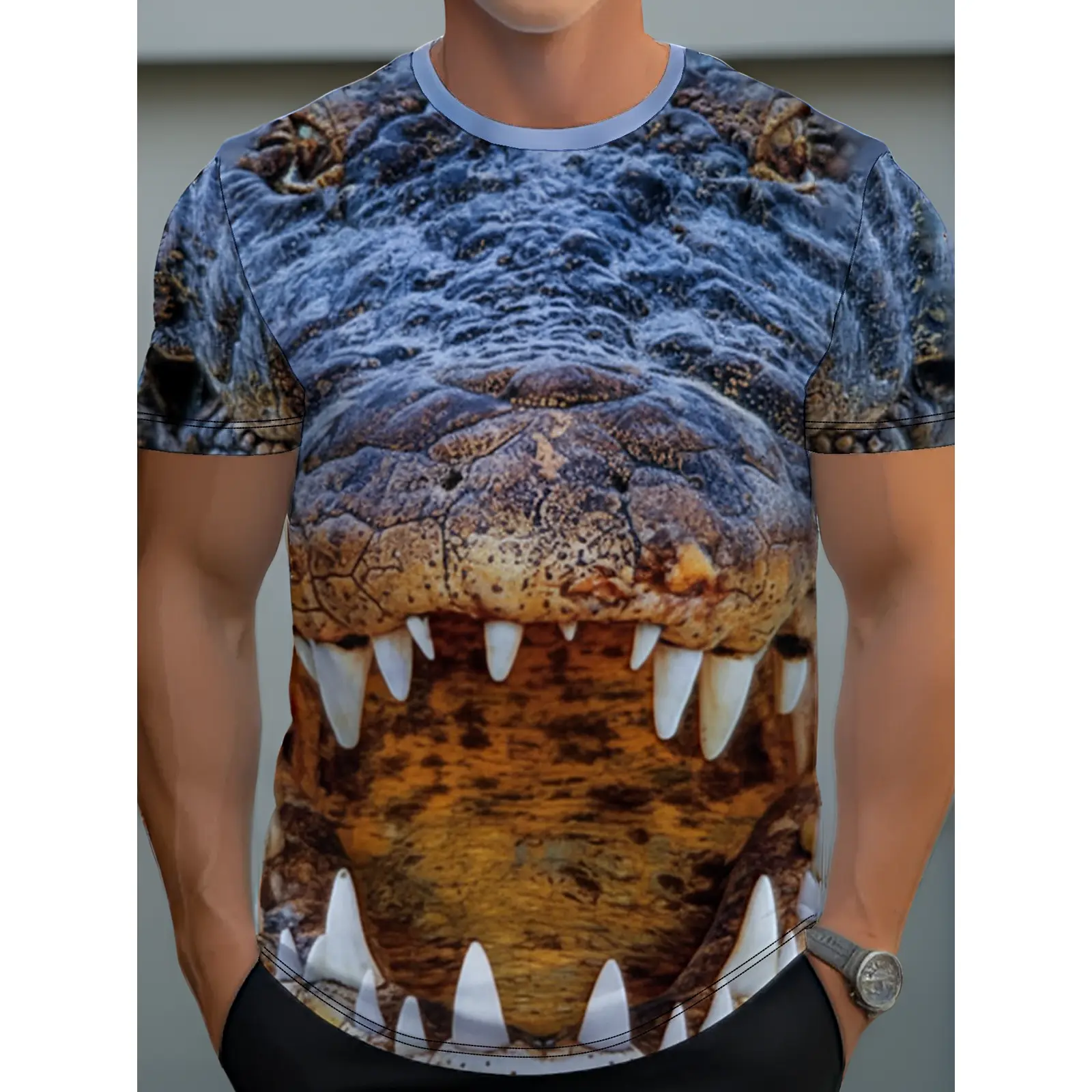 Full Crocodile Face Print T-Shirt - Realistic Scale Texture And Eyes, Short Sleeve Round Neck Super Casual T-Shirt, H-Shaped Fit, Machine Washable Reptile Design, Suitable for Parties And Casual Outfits (Crocodile Scale Pattern)