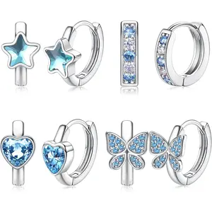 YADOCA 4 Pairs Hypoallergenic Hoop Earrings For Girls Women Small Huggie Earrings Double Love Heart Hoop Earrings Tiny Cute CZ Butterfly Star Cartilage Earrings Hoop Jewelry For Sensitive Ear