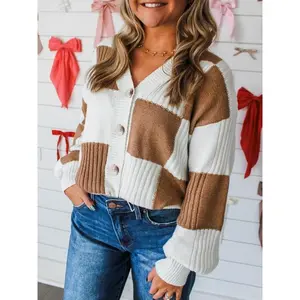 Women's checkered V-neck knitted cardigan with button details, casual long sleeved pullover, fashionable for autumn and winter