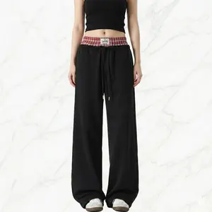 Single unit pack. Patchwork double-waist loose straight pants — relaxed wide-leg athletic pants with pockets, drawstring elastic waistband, striped detailing; unisex casual street-style retro sports pants (Cute Apparel Inclusive Series).Summervibes