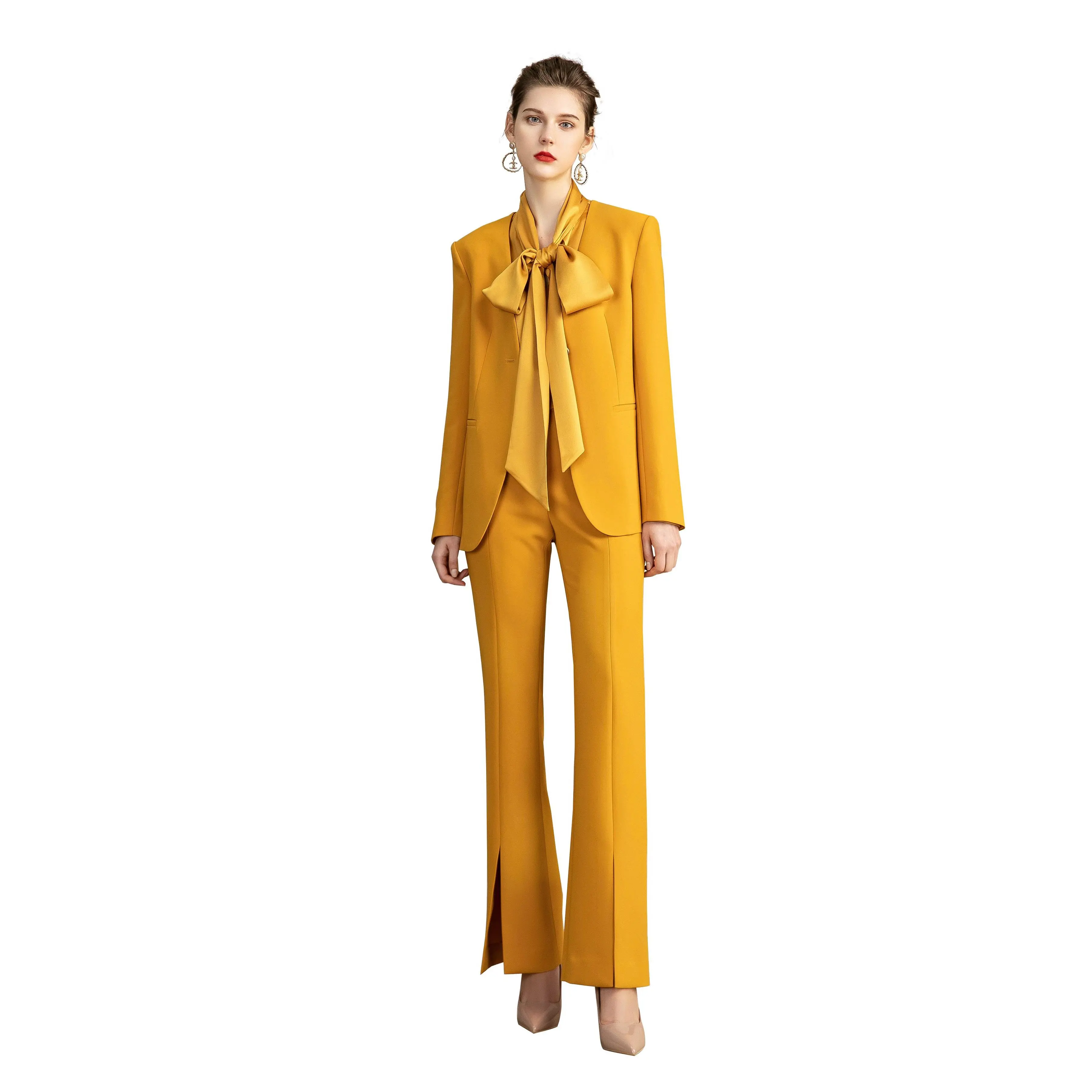 Yellow Blazer Blouse and Pant Suit Set