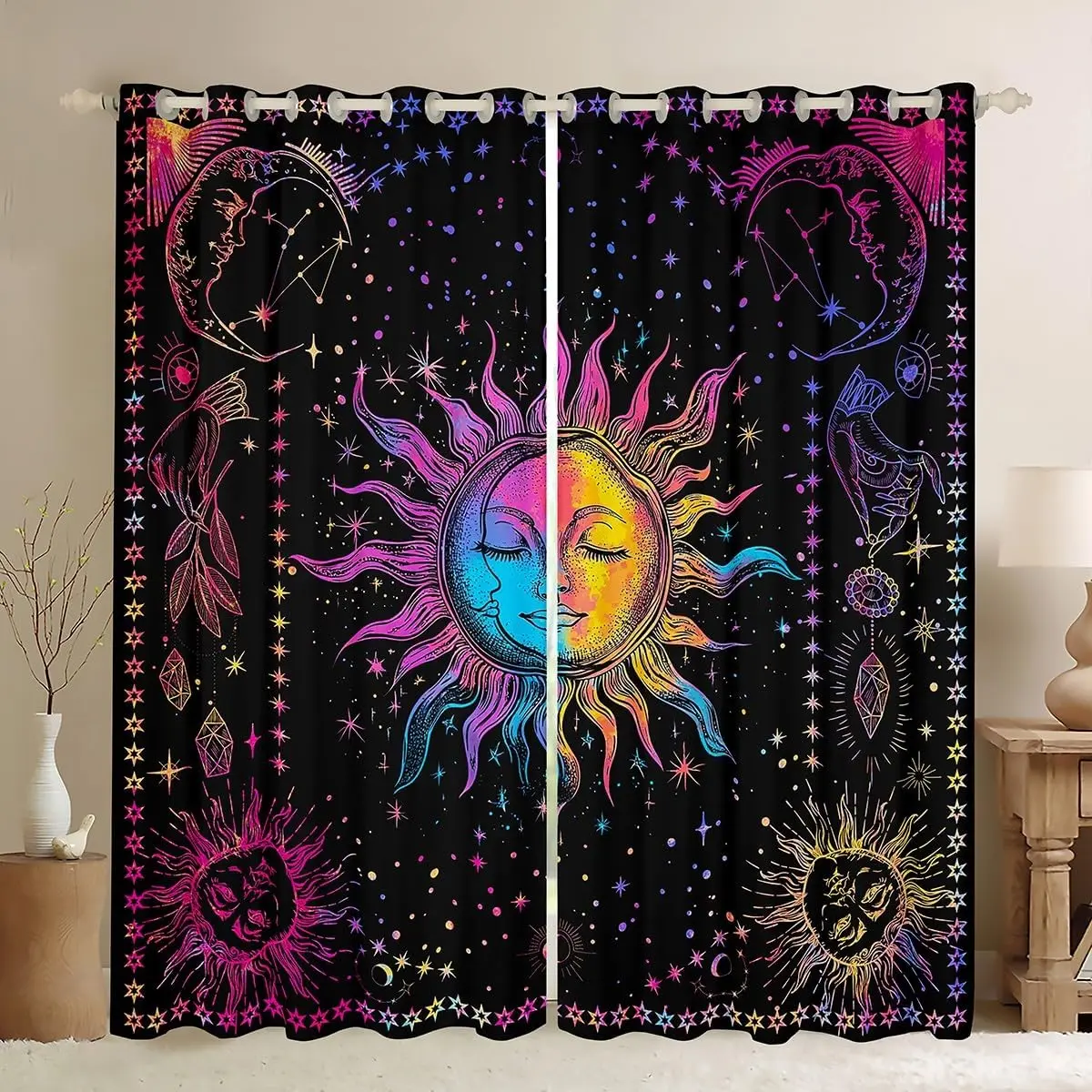 Bohemian Sun Moon Blackout Curtains Boho Hippie Curtains & Drapes Colorful Tie Dyed Curtains 76Wx54L Aesthetic Trippy Galaxy Window Drapes Psychedelic Mystic Stars Window Treatments Adults