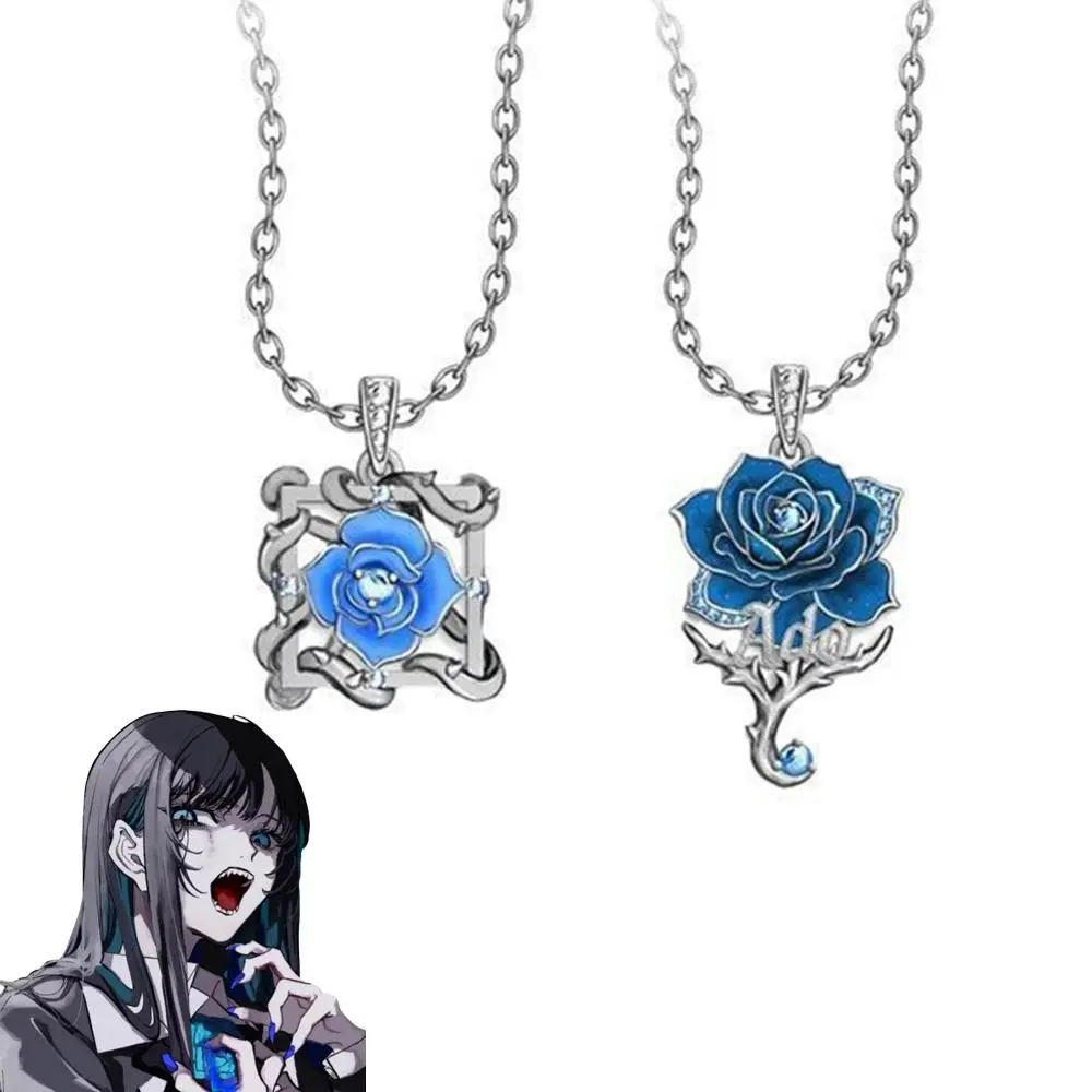 Ado Anime Cosplay Blue Rose Metal Flower Pendant Necklace - Unisex Metal Choker Chain, Hip Hop Party Fan Prop, Fashionable Costume Jewelry Accessory