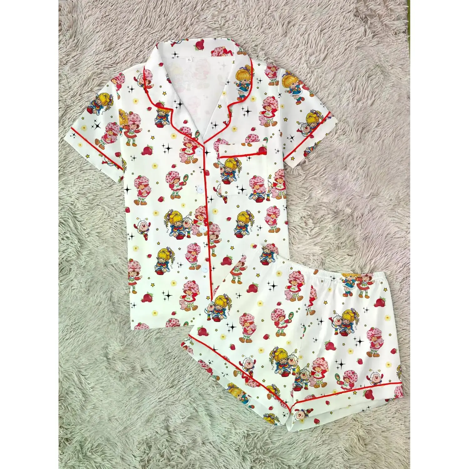 Women's Labyrinth Print Pajama Set: Comfortable Two-Piece Short Sleeve Button-Up Top with Elastic Shorts, Casual Loungewear Pyjamas