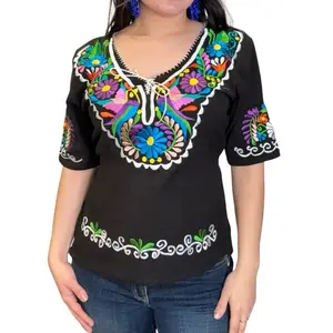 Pajarito Blouse - Handcrafted Mexican Artisanal Embroidered Blouse with Adjustable Waiststrings 3/4 Sleeve Women's Top