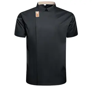 [Black Chef Uniform] Stylish Black Professional Chef Uniform - Short Sleeve Jacket with Pockets, Stand Collar, Polyester Fabric |   Ideal for Kitchen, Baking, and Restaurant Use, School Cafeteria Clothing, Machine Washable