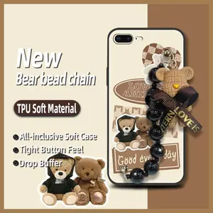 Simplicity phone case Phone Case For iPhone 7Plus/8Plus silicone Anti-knock Dirt-resistant Waterproof soft case Black pearl pendant Bear bracelet protective case Cartoon cute