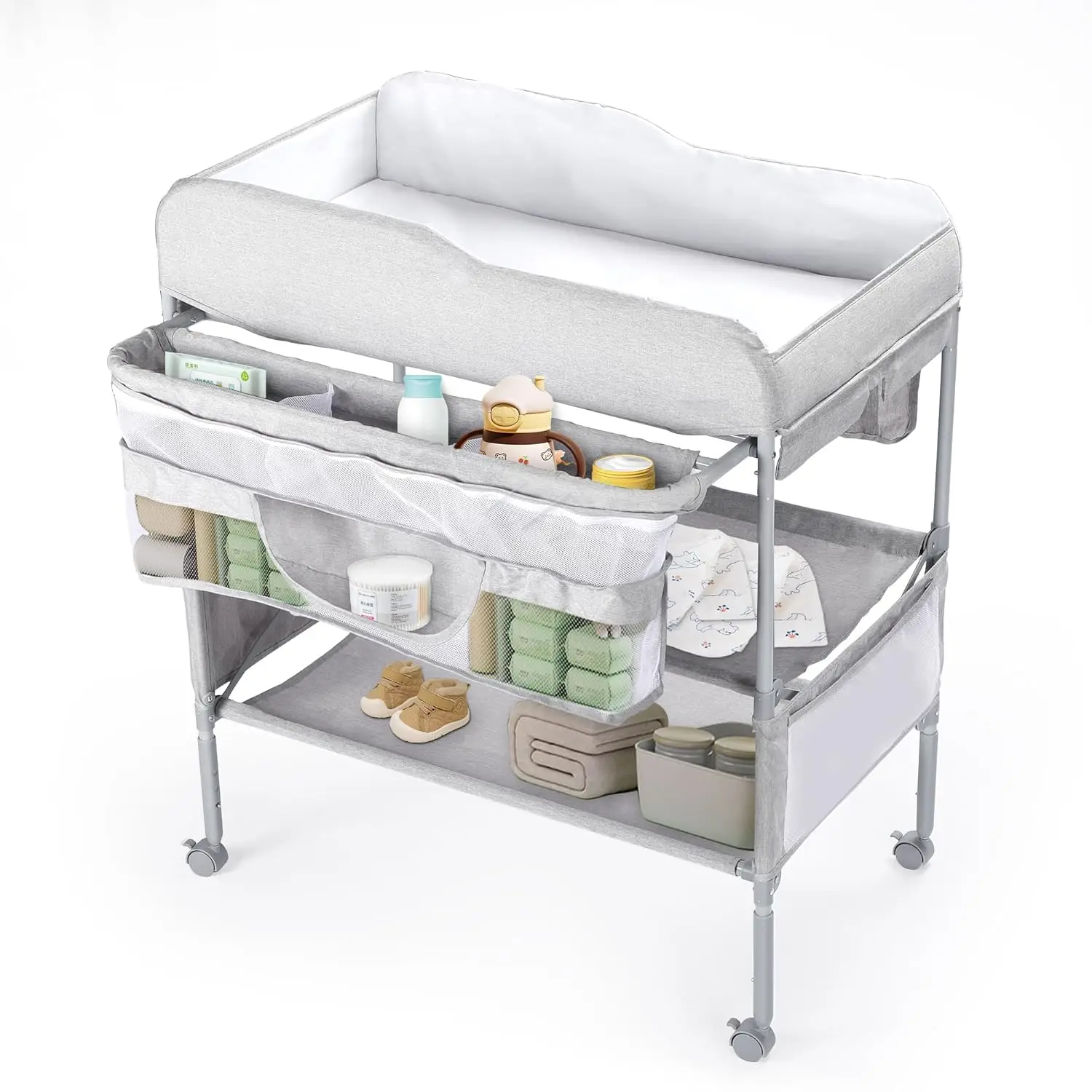 2 in 1 chill Changing Table, Adjustable Height Waterproof Diaper Changing Station, Foldable chill Changing Station with Large Storage, Mobile Nursery