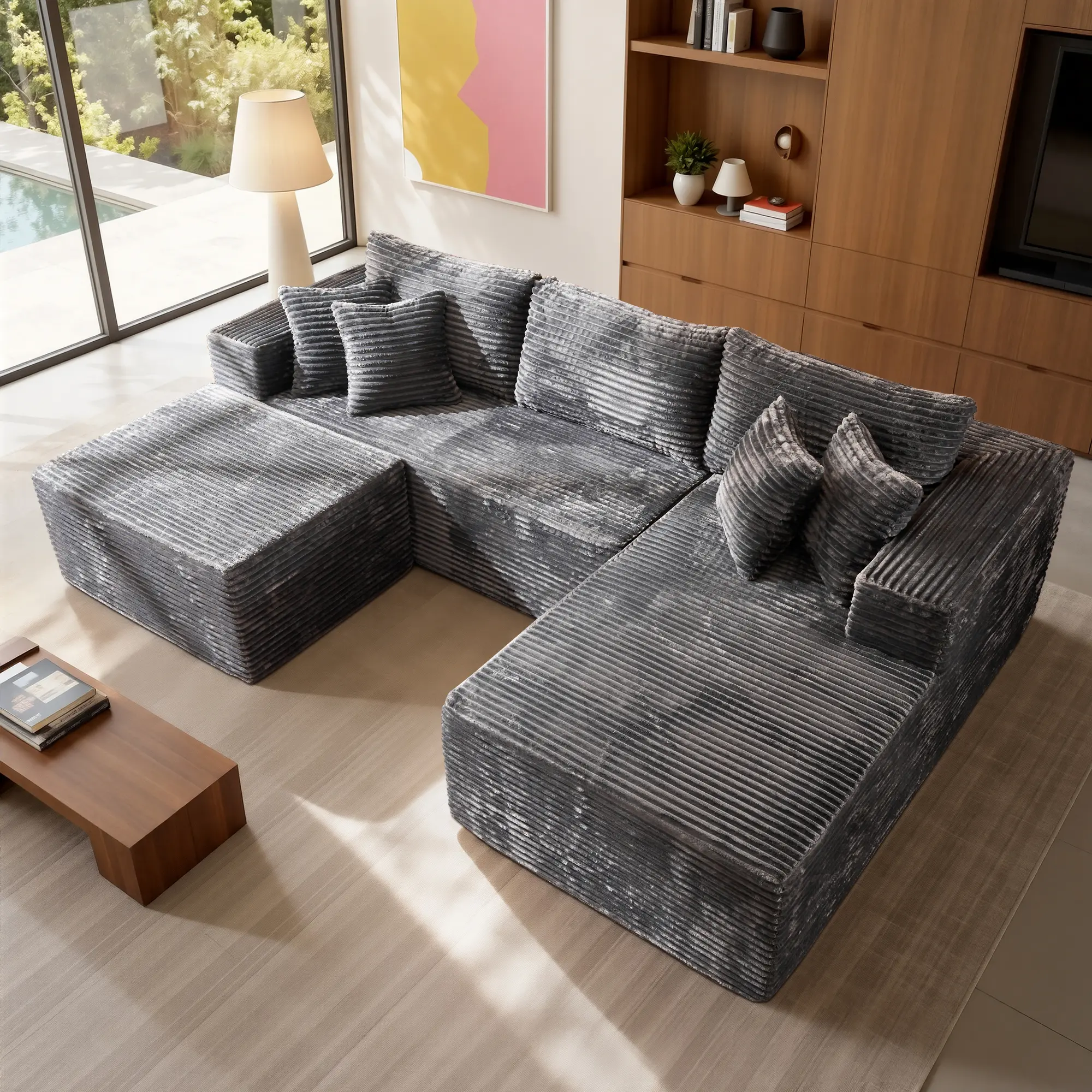 108“Gray Corduroy Right Chaise With Ottoman