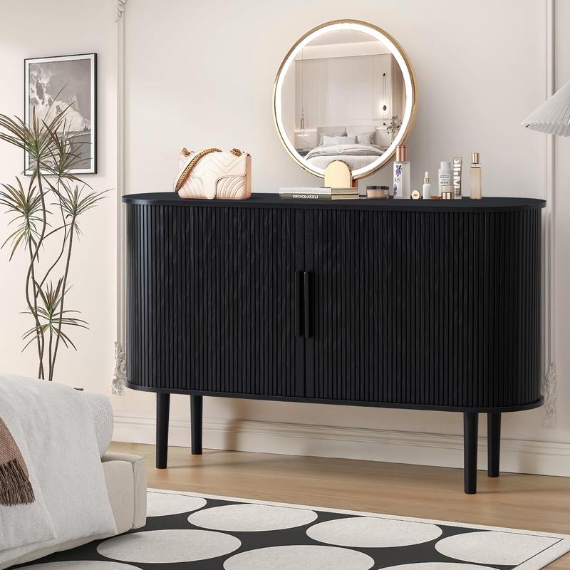 Giratree Furniture 53-Inch Fluted Slide Door Sideboard Cabinet, Modern Oval Tambour Buffet Credenza with Adjustable Shelves, Wooden Storage Console for Living Room, Dining Room, Kitchen, or Entryway