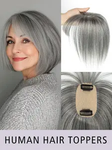 5x9cm Real Human Hair Topper with Bangs, White&Grey Straight Human Hair, Adds hair Volume, Covers white hair, Suitable for Various Scenarios, Human Wig Hair