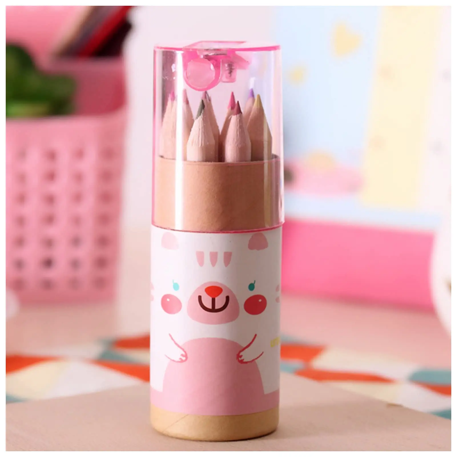Crayons 12pcs Cute Bear Cartoon Mini Colored Pencils with Pencil Sharpener Stationery Painting Pencils for School Supplies Crayola Crayons (Size : Pink)