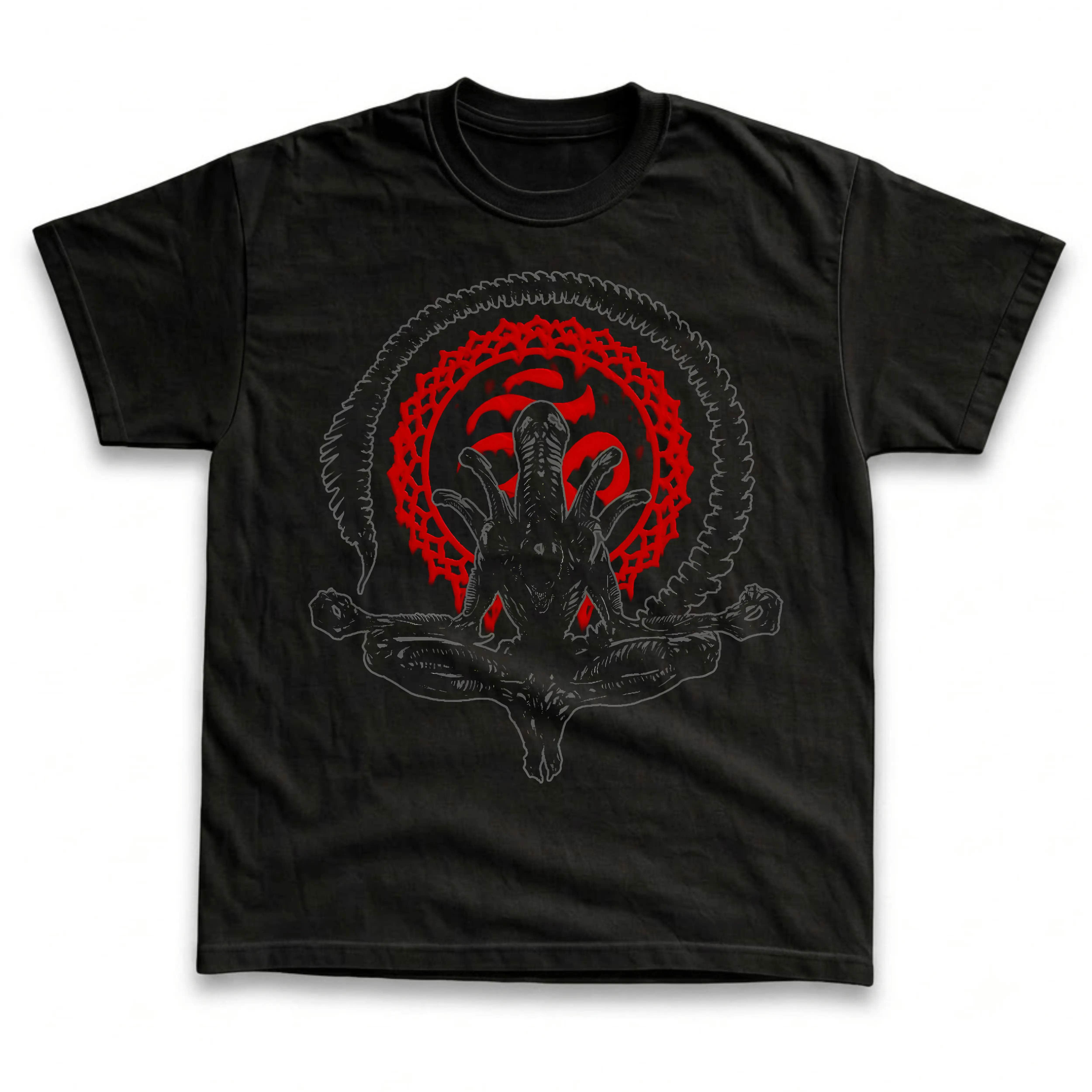 Men's and Women's T-Shirt, Vintage Alien vs Predator Graphic Tee, Xenomorph HR Giger Sci-Fi Horror Movie, Meditating Zen Lotus Pose, Red Mandala Halo Tail Circle, Spooky Halloween Outfit, Retro Grunge Streetwear, Gothic Aesthetic, Fan Gift