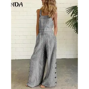 summer  new style dress unique curvy women Elegant Loose Women'S Summer Long Sleeveless Square Neck Wide Leg Checkered Jumpsuit