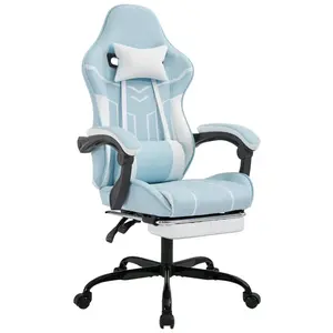 Ergonomic Gaming Chair with Footrest & Lumbar Support - Blue/White