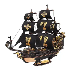 ROBOTIME Seahorse 3D Wooden Puzzles for Adults, Black Sailboat Model Kits for Boys and Men, Home Office Decor Gifts Pirate Ship Building MCB02 (603 Pcs)