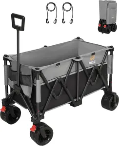 Collapsible Foldable Wagon, Outdoor Utility Wagon, Garden Cart, Heavy Duty for 440LBS, Big Wheel for Sand, Large Capacity All-Terrain Wheels (Black/Grey)