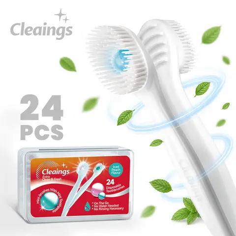 Cleaings 4-in-1 Design Disposable Mini Toothbrushes - 1 Box (24-Count) 8cm Tooth Cleaner with Mint Burst-Bead Waterless Rinse-Free Soft Toothpaste, Tongue Scraper, Individual Pack for Oral Fresh Breath Dental Kit Brush