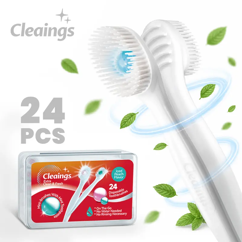 Cleaings 4-in-1 Design Disposable Mini Toothbrushes - 1 Box (24-Count) 8cm Tooth Cleaner with Mint Burst-Bead Waterless Rinse-Free Soft Toothpaste, Tongue Scraper, Individual Pack for Oral Fresh Breath Dental Kit Brush