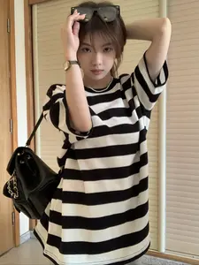Summer Loose Striped Knit Short Sleeve Casual Women's T-Shirt, Lightweight Breathable Fashion Top for Comfortable Wear